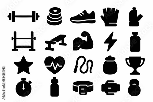 Essential gym equipment silhouettes: weights, sneakers, gloves, stopwatch, trophy