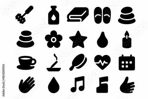 Spa and wellness icons collection: relaxation, health, zen, aromatherapy, meditation symbols