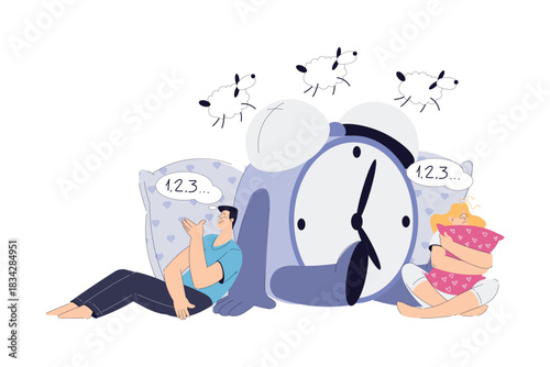 Sleepless Man and Woman at Night Count Sheep Suffer from Insomnia Vector Illustration