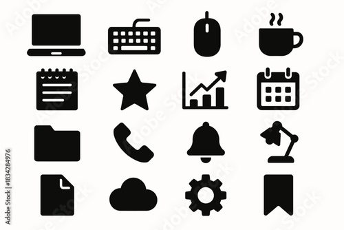 Collection of office and technology icons: laptop, keyboard, graph, calendar, lamp