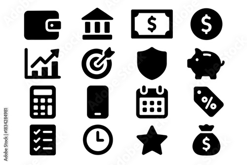 Financial icons set: wallet, bank, currency, investment, and security symbols