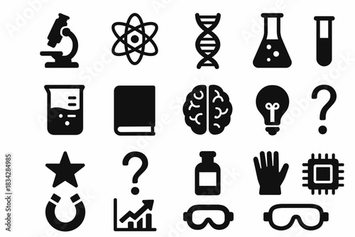 Science icons collection: microscope, dna, brain, and more symbols
