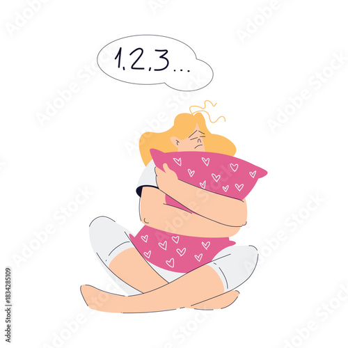 Sleepless Woman at Night Count Number Suffer from Insomnia Vector Illustration