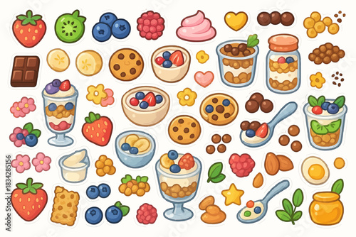 Colorful dessert and berry stickers with yogurt, cookies, and chocolate icons