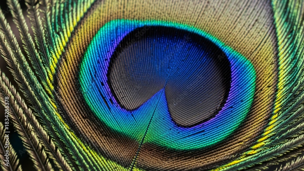 Naklejka premium A close-up shot revealing the intricate details and iridescent colors of a peacock feather's eye pattern.