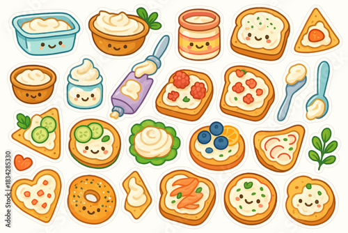 Cute assorted kawaii sandwich toppings with smiling faces and garnishes