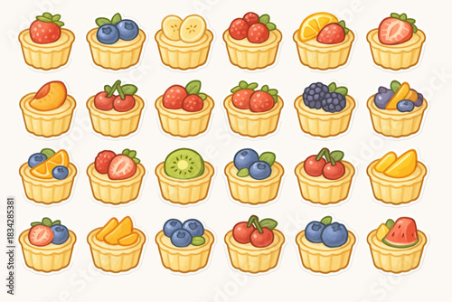 Colorful assorted fruit tarts with various fresh fruits on top