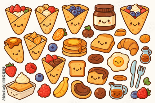Cute breakfast food characters with faces: pancakes, toast, crepes, and fruit variety