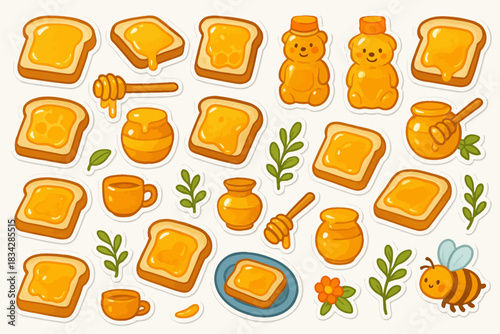 Cute honey-themed stickers with toast, honey jars, and bees