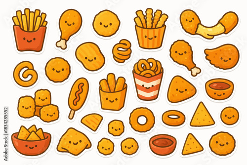 Cute cartoon fast food stickers with happy faces: fries, nuggets, and more