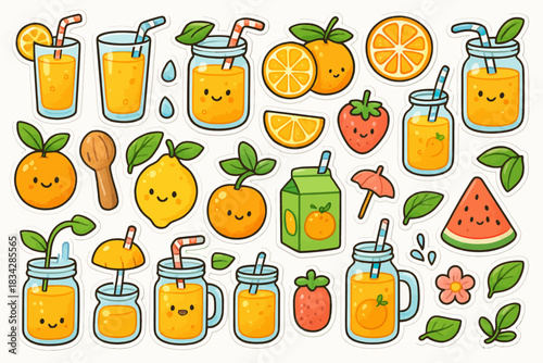 Cute cartoon fruit and juice stickers with happy expressions