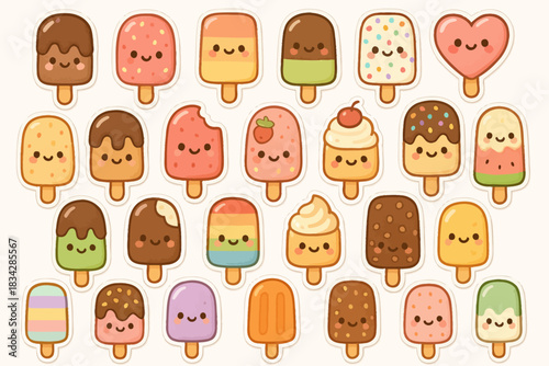 Cute cartoon popsicles with faces in various flavors and colors