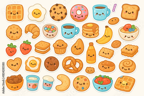 Cute breakfast and snack doodles with smiling faces: waffles, donuts, and more