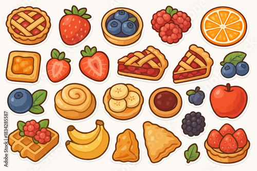 Colorful assortment of cartoon style fruits and pastries