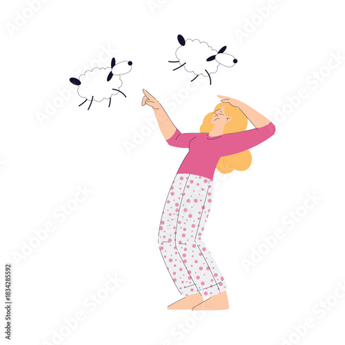 Sleepless Woman at Night Count Sheep Suffer from Insomnia Vector Illustration