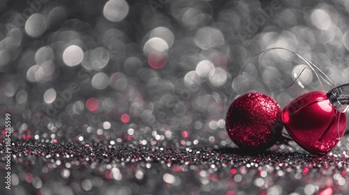 A close-up of shimmering red holiday ornaments on a sparkling background, creating a festive and glamorous atmosphere, Christmas background with doodles