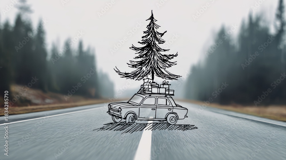Naklejka premium A stylized illustration of a car with a Christmas tree and gifts on top, set against a misty forest road backdrop, Christmas background with doodles