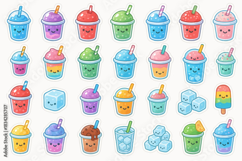 Cute kawaii drinks and ice cubes collection with happy faces