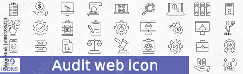 Audit web icon in line style. Assessment, calculator, check mark, auditing, inspection, investment, calculation, analytics, collection