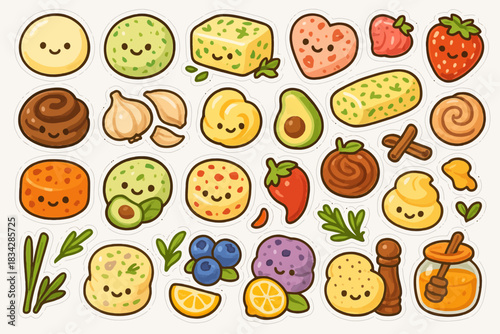 Colorful cute kawaii food stickers featuring smiling fruits, vegetables, and treats