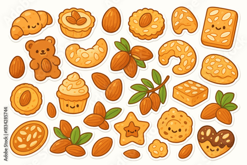 Cute cartoon cookies and nuts with happy faces decorated in fun assorted shapes