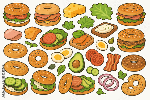 Assorted sandwich and bagel ingredients: avocado, cheese, eggs, lettuce, tomato, and more