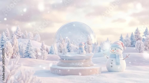 A magical winter wonderland scene with a glowing snow globe and a cute snowman under falling snow, featuring pastel colors and snow-covered trees.