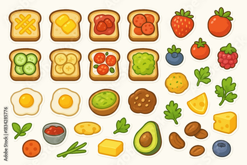 Colorful assorted fruits and sandwich ingredients on white background