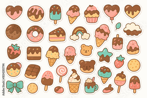 Colorful assortment of cute ice cream and dessert stickers with various designs