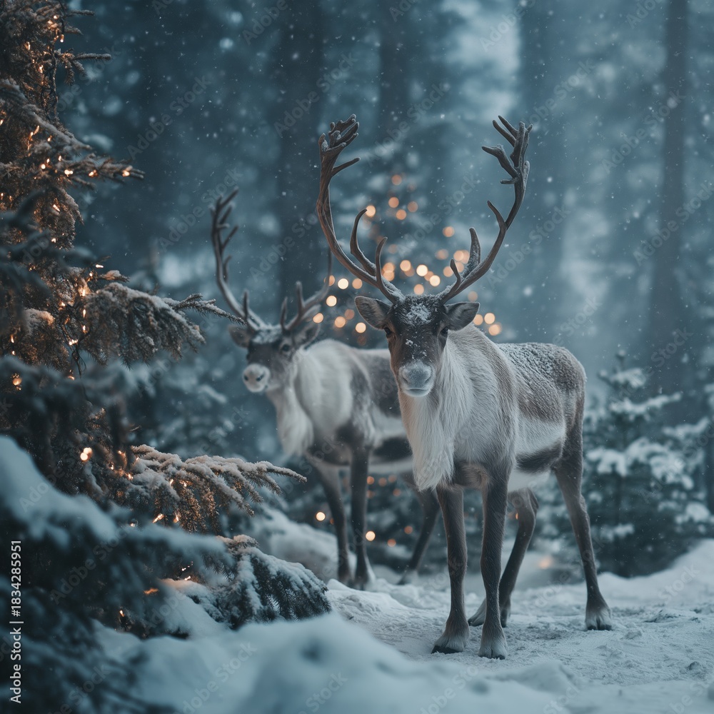 Naklejka premium Reindeer standing in snowy forest with magical Christmas lights. Reindeer standing in deep snow, illuminated by magical Christmas lights in a winter forest