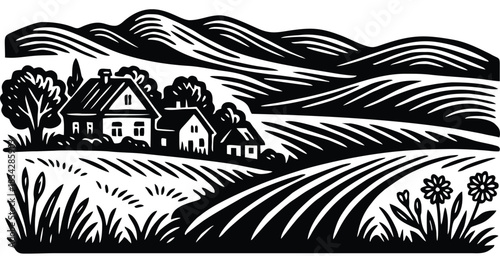 Hand drawn illustration of houses and rolling agricultural fields landscape.