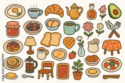 Colorful breakfast and home items: coffee, toast, flowers, and eggs