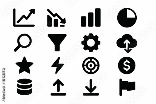 Set of business and data analytics icons including graphs and tools