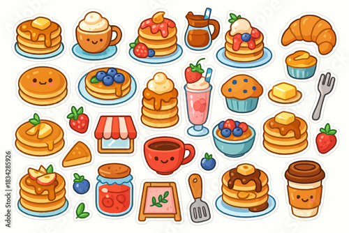 Cute breakfast food stickers featuring pancakes, coffee, and pastries with sweet faces