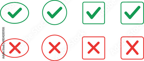 Hand drawn check mark and cross mark icons in various shapes