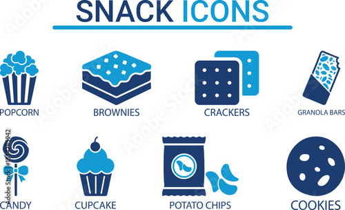 
Snack Icons set, Collection for Popcorn, Brownies, Cookies, icon vector illustration