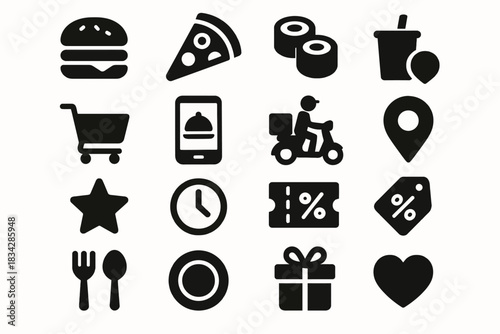 Food delivery icons: burger, pizza, sushi, shopping cart, and mobile app