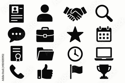 Business and office icon set featuring communication, organization, and achievement symbols
