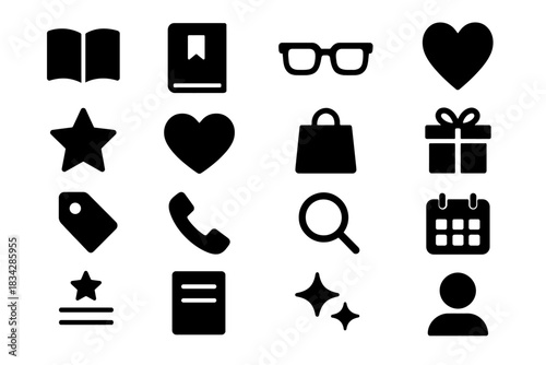Set of black silhouette icons: book, glasses, heart, star, and more