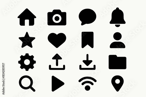 Collection of common black icons on white background
