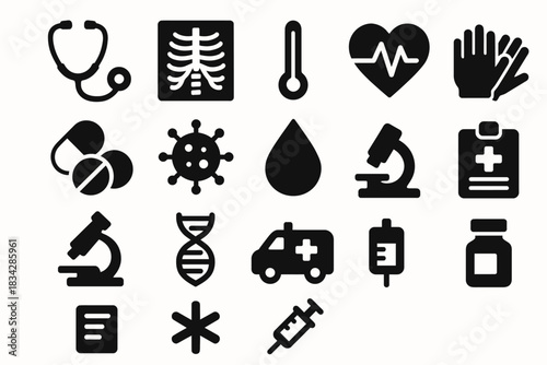 Medical icons set: health, diagnostics, and laboratory symbols