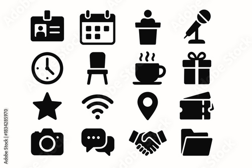 Set of 16 black business and communication icons on white background