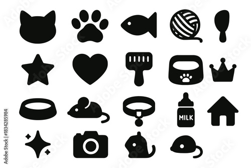 Black silhouette icons of cat essentials and accessories