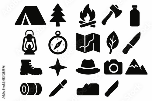 Outdoor adventure symbols: camping, hiking, exploration icons collection