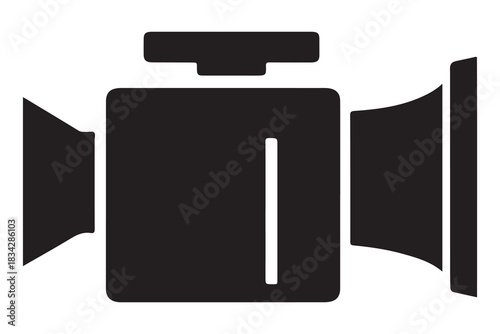  Simple black silhouette icon of a vintage film camera with a lens and film reel