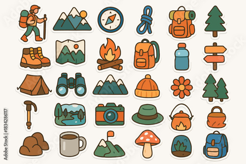 Colorful hiking and camping icon set with outdoor equipment and nature symbols