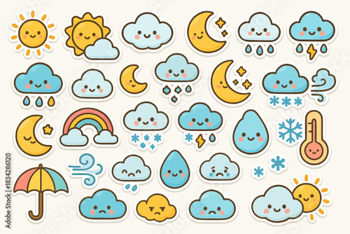 Cute weather-themed stickers with suns, clouds, moons, and rainbows for kids