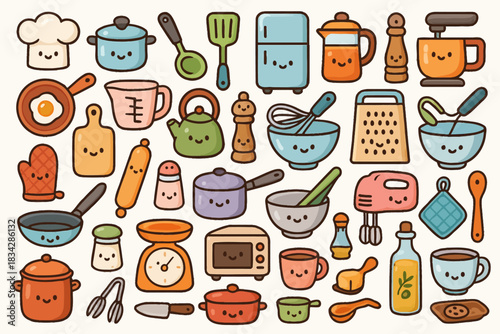 Cute kawaii kitchen utensils and appliances with smiling faces