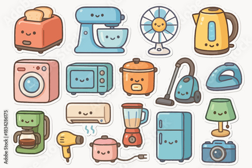 Cute cartoon kitchen and household appliances assortment