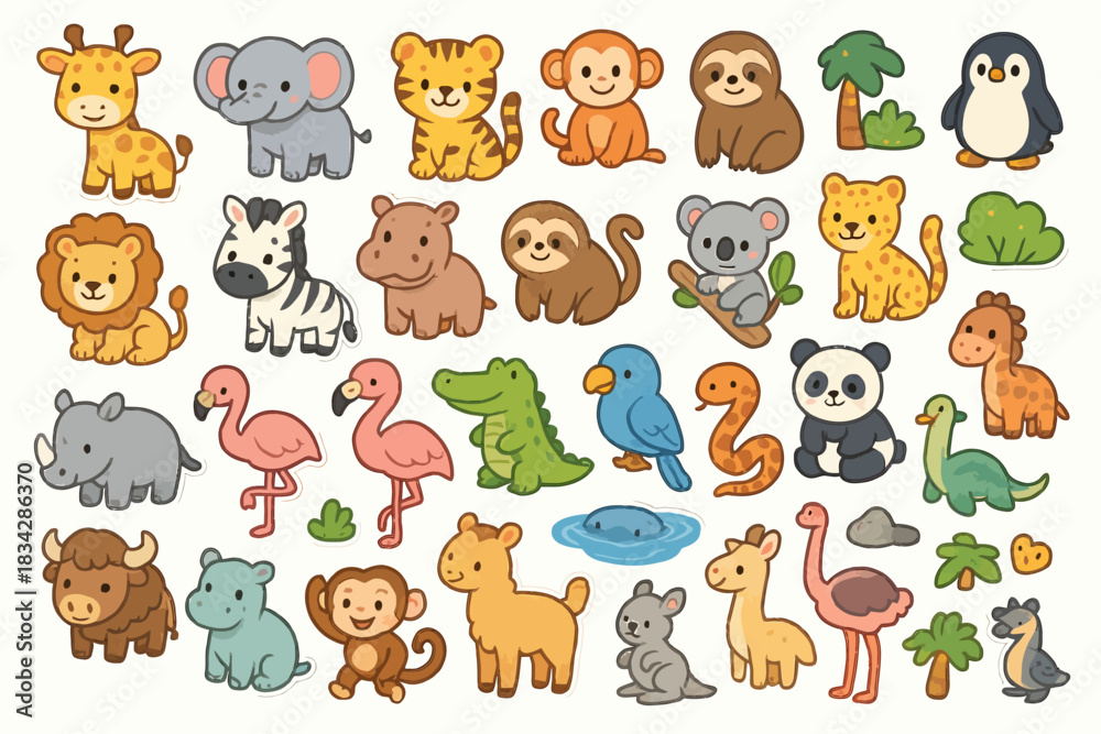 Naklejka premium Cute cartoon animals set: jungle, safari, and ocean creatures collection